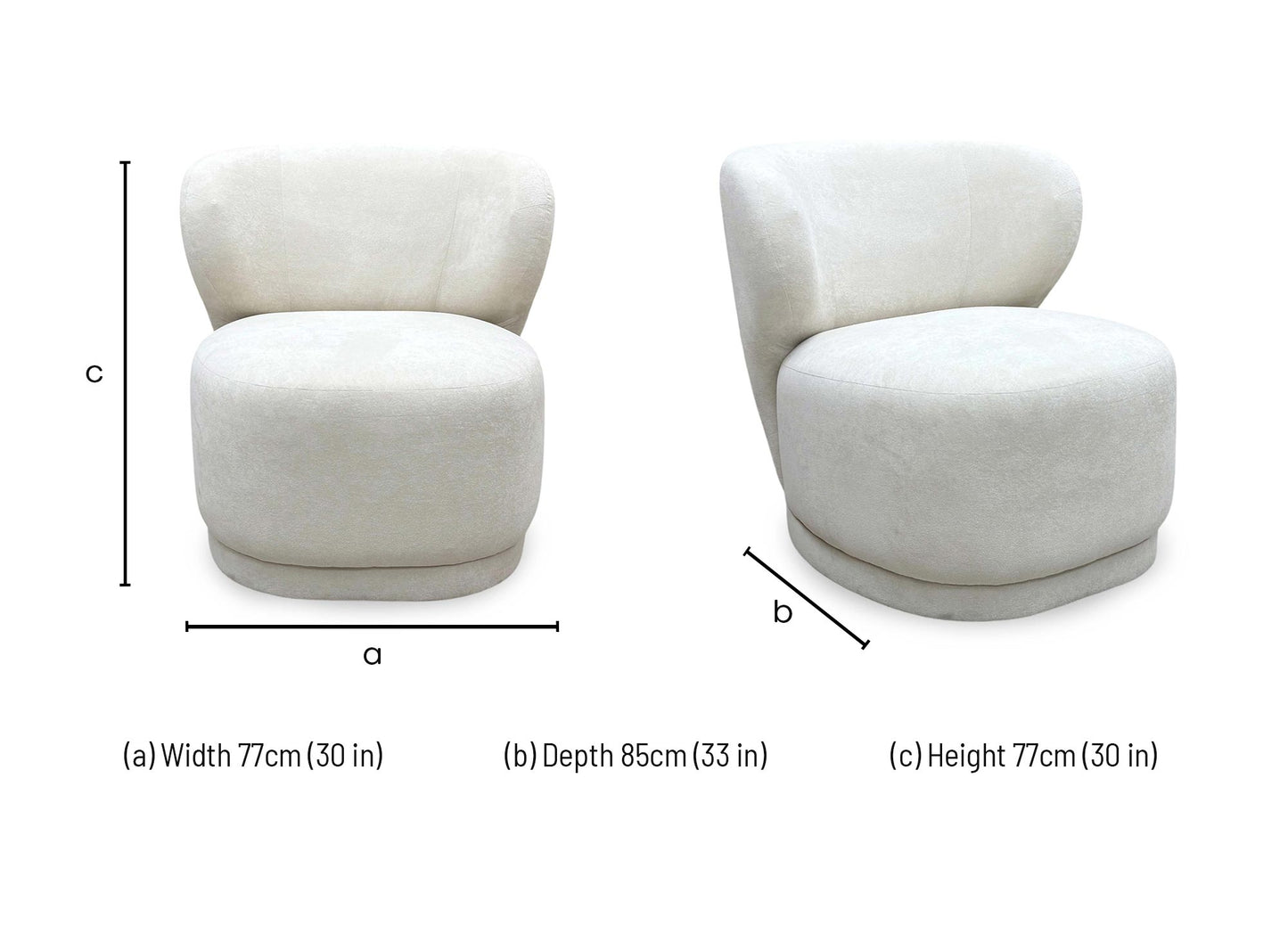 dimension diagram and sizing specifications for the DFS ‘Kalista’ Cream Palmero Plain Velvet Accent Chair