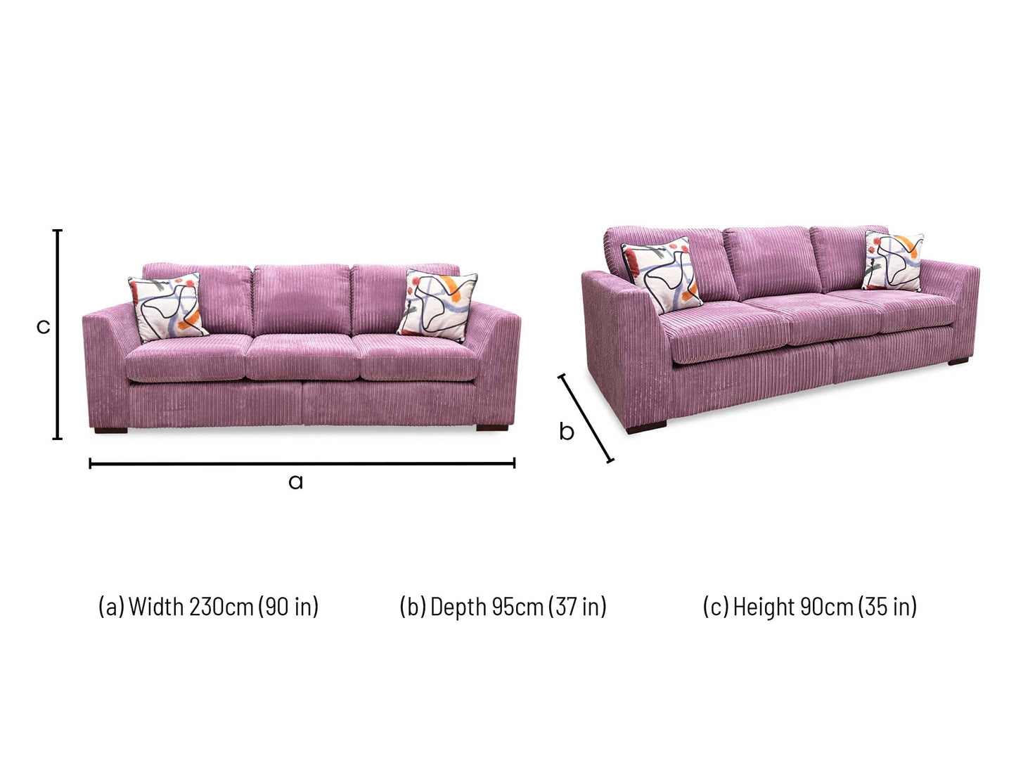 dimensions blueprint and structural layout metrics for the DFS ‘Heydon’ Lilac Purple Marley Jumbo Cord 4-Seater Split Frame Sofa.
