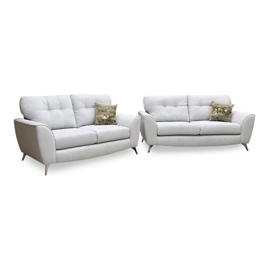 Full View DFS ‘Dawson’ 2-piece lounge suite, featuring a matching 3-seater and 2-seater sofa set upholstered in a durable silver plain woven fabric.
