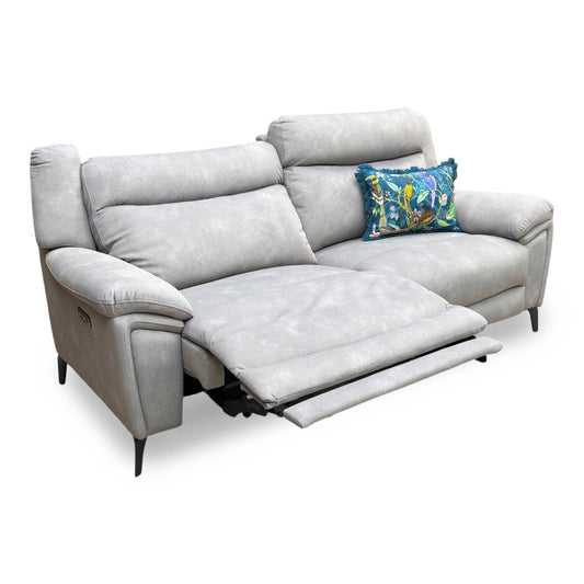 Full view of the Panache 3-seater power recliner sofa upholstered in Dexter Stone grey fabric, featuring a contemporary design, supportive high back cushions, and integrated power controls.