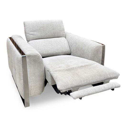Full view of the Gisella power recliner armchair upholstered in Anivia Khaki fabric, featuring a modern design with padded armrests and integrated power recliner controls.