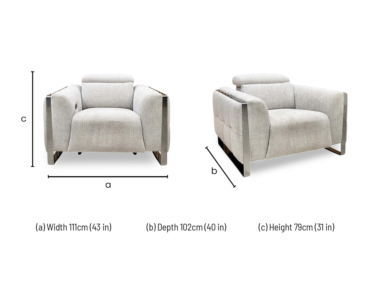 Technical dimension diagram for the Gisella Anivia Khaki Fabric Power Recliner Chair, indicating key measurements for total width, back height, and depth.