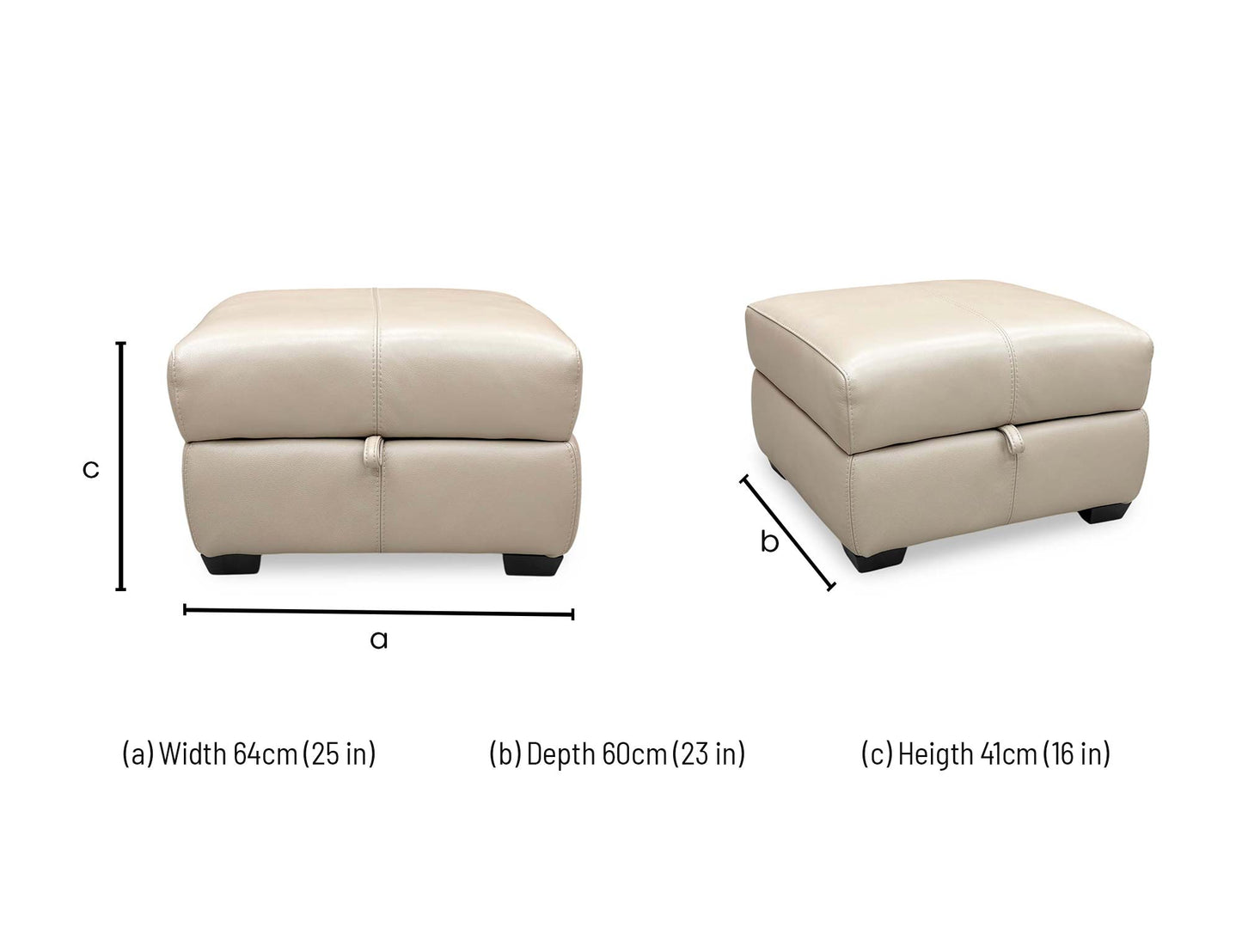 Technical dimension diagram for the ‘Elixir’ Pebble Cream Leather Storage Footstool: Width 65cm, Depth 56cm, Height 45cm.