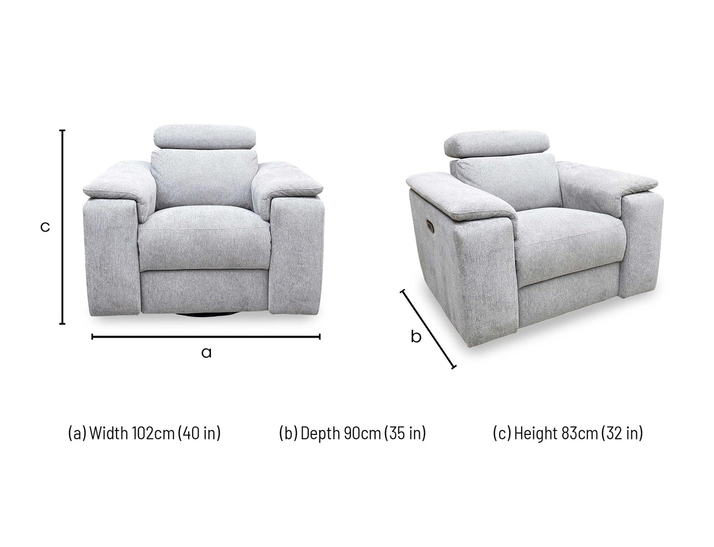 Technical dimension diagram for the Nicoletti Davide Light Grey Fabric Swivel Rocker Power Recliner Chair, indicating exact width, depth, and height measurements.