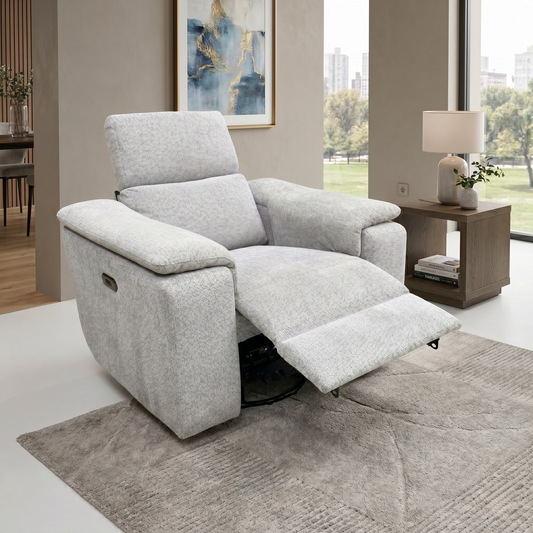 Living room view for the Nicoletti Davide swivel rocker power recliner chair, detailing its handcrafted Italian quality, pocket-sprung comfort, and versatile motion features.