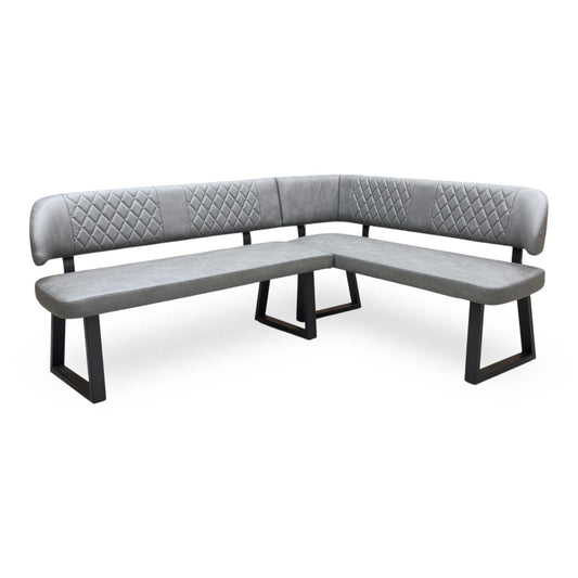 Full view of the Furniture Village ‘Venus’ Grey Faux Leather Right Hand Facing Corner Dining Bench, highlighting its modern, space-saving L-shaped industrial design.