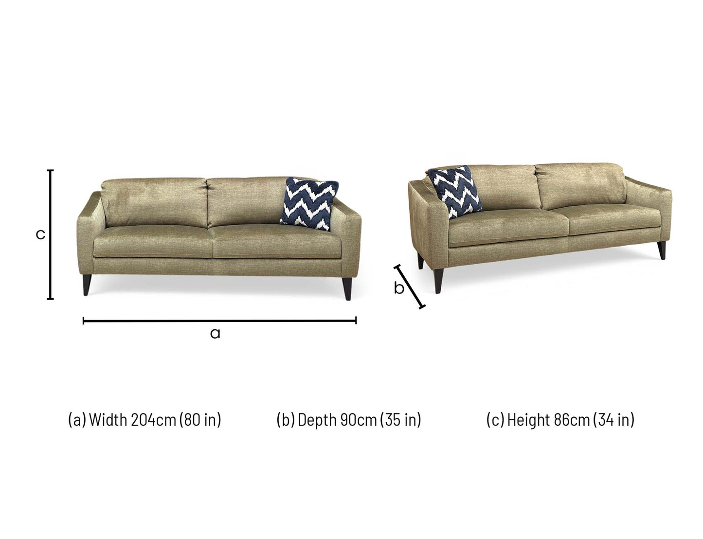 Technical dimension diagram for the Oslo Vogue Olive Green 3 Seater Sofa, displaying structural measurements for width, depth, and height.