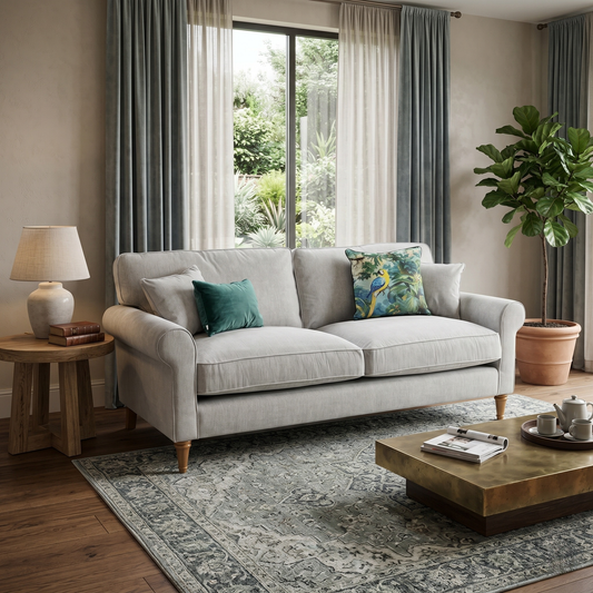 Living room view for the William 3-seater sofa, highlighting its soft-touch silver grey fabric, high-density comfort foam cores, and robust internal frame engineering.