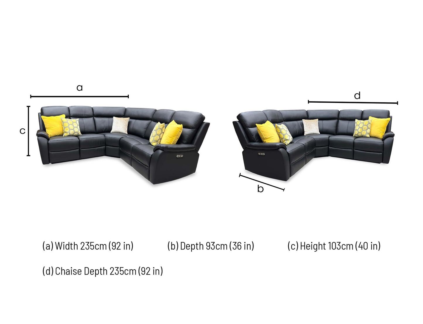 Technical dimension diagram for the Kingsmere Black Leather Power Recliner Corner Sofa, detailing the full footprint, corner return lengths, and height metrics.