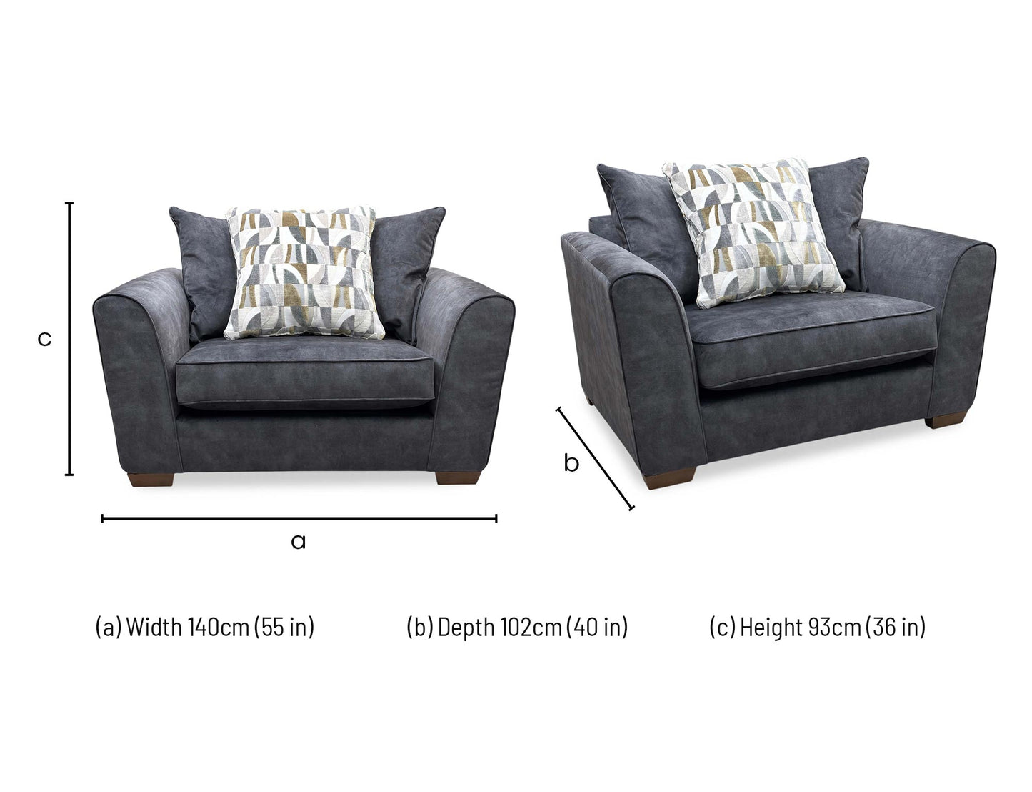 Technical dimension diagram for the Como Coal Fabric Snuggler Chair, outlining its full footprint and seating metrics.