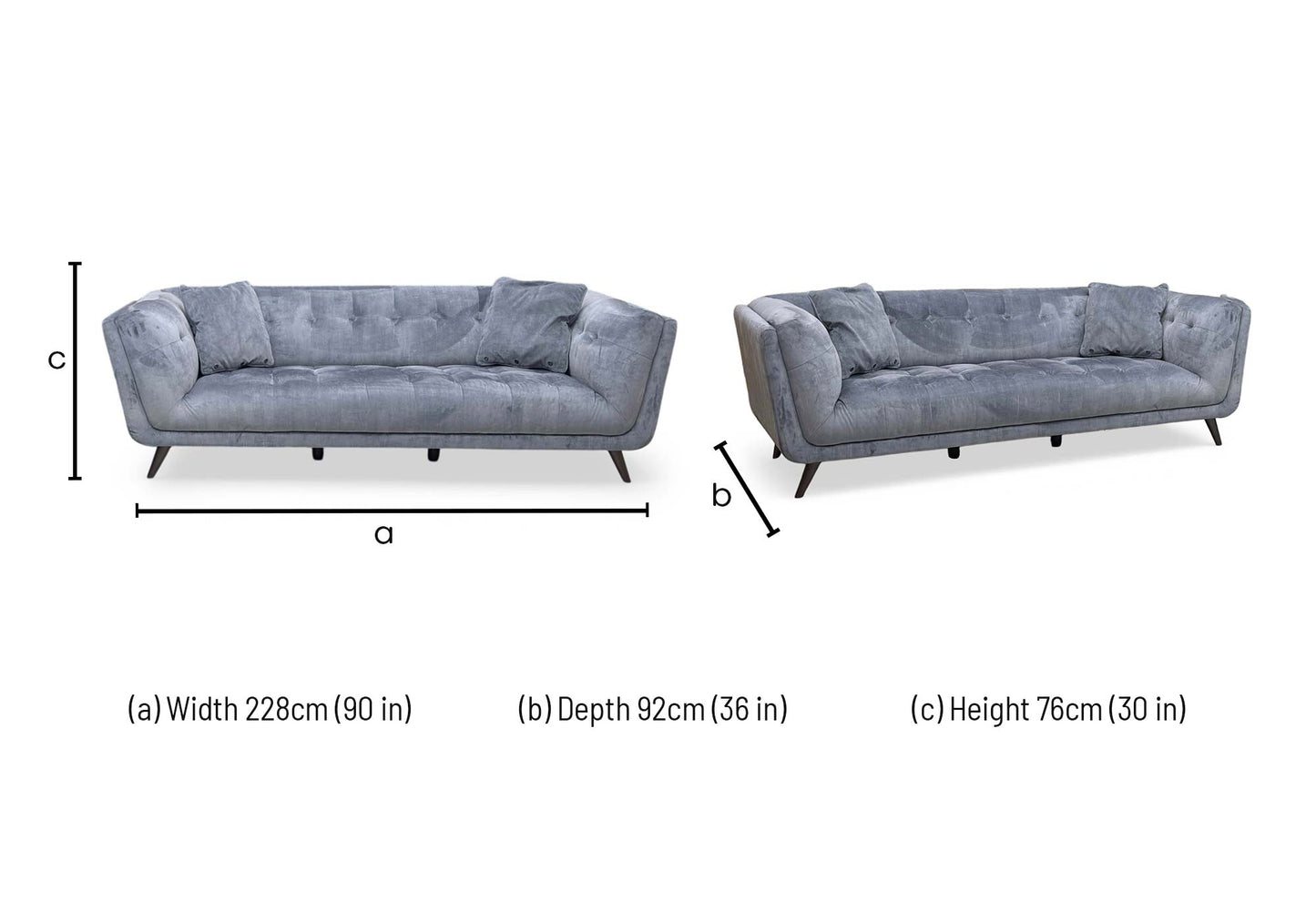 Technical dimension diagram for the ‘Rene’ Heritage Granite Grey Velvet 3-Seater Sofa, outlining precise width, total height, and depth measurements.