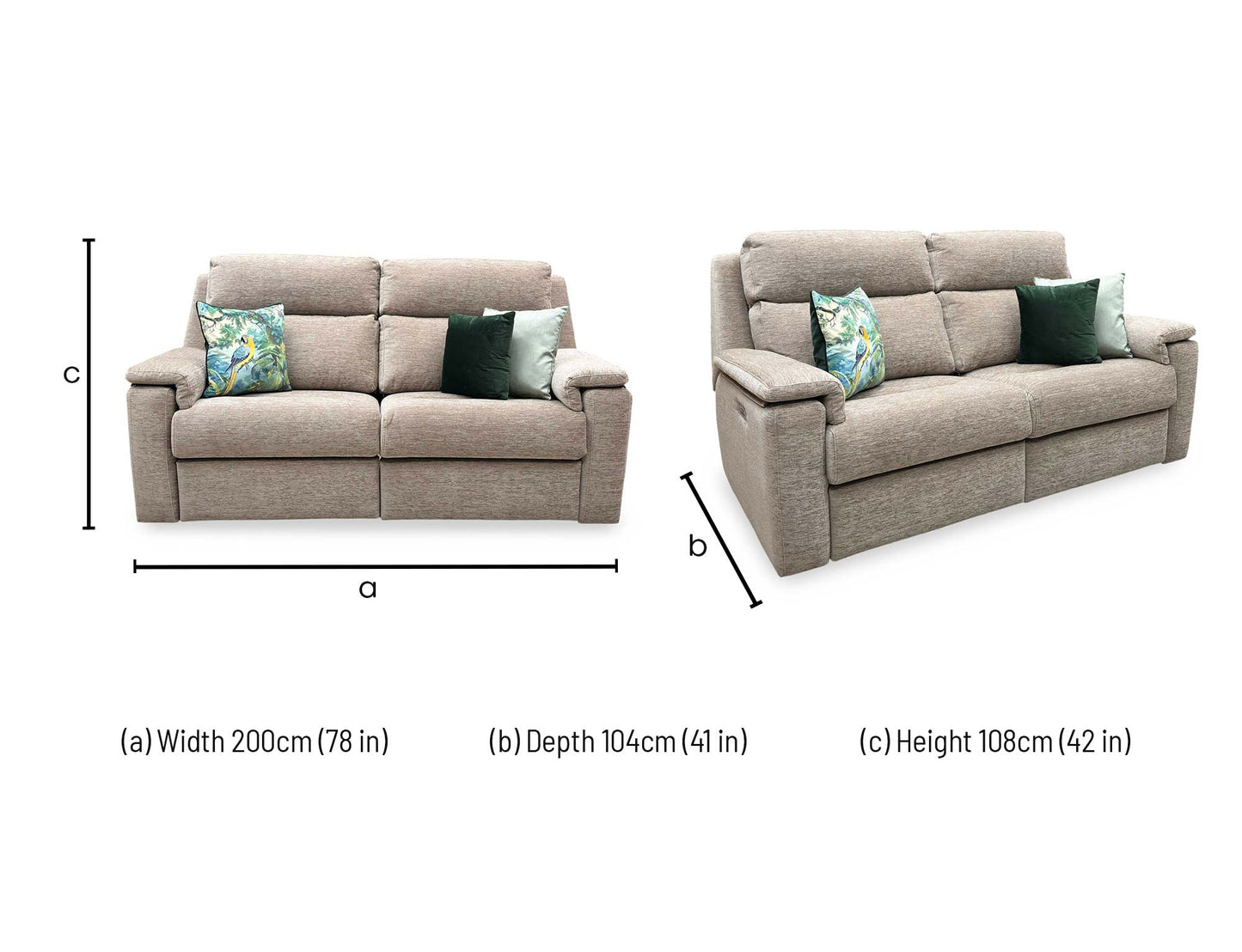 Technical dimension diagram for the G Plan ‘Thornbury’ Destiny Storm Oatmeal Fabric 3-Seater Power Recliner Sofa, outlining standard width, total height, closed depth, and extended depth measurements.