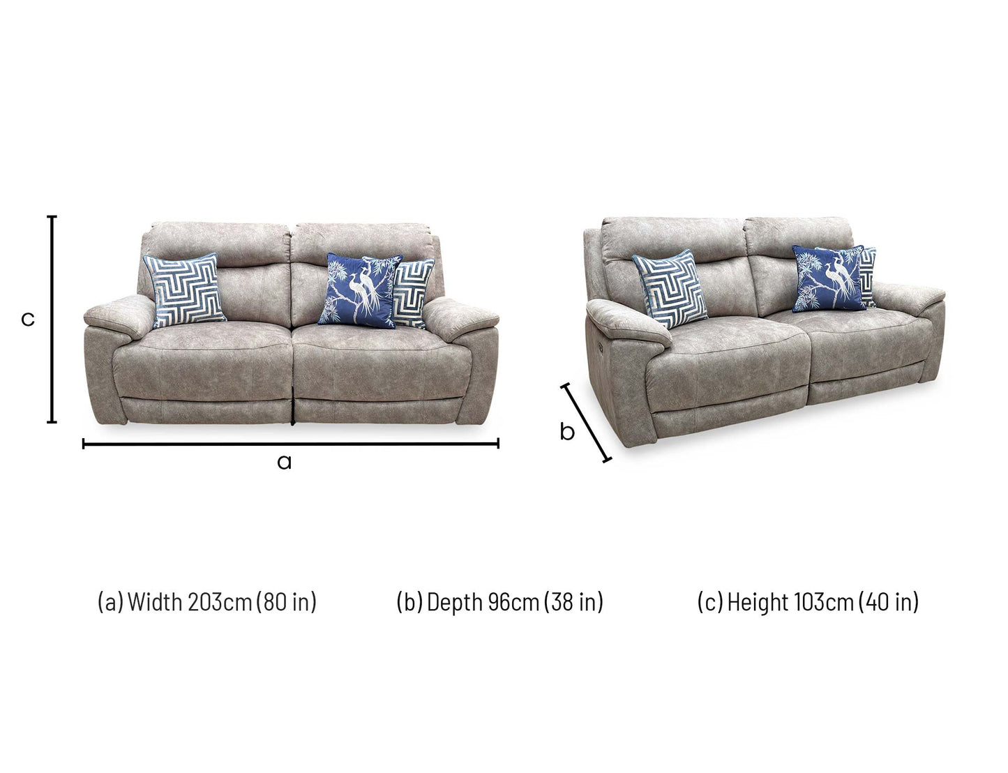 Technical dimension diagram for the ‘Sloane’ Marble Charcoal Grey Fabric 3-Seater Power Recliner Sofa, detailing total width, back height, open reclining length, and seat measurements.