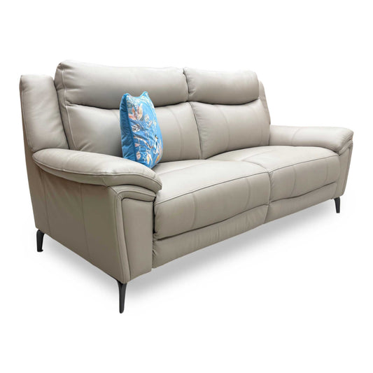 Full View Furniture Village ‘Panache’ contemporary 3-seater sofa, beautifully tailored in premium Category 40 Oyster pale cream leather upholstery.