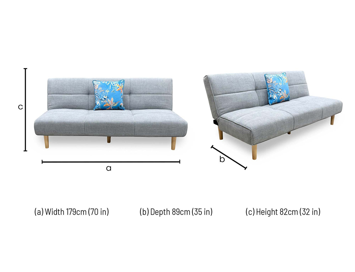 Technical dimension diagram for the ‘Miyagi’ Mist Grey Fabric Futon Sofa Bed, detailing its measurements in both standard sofa and fully extended bed configurations.