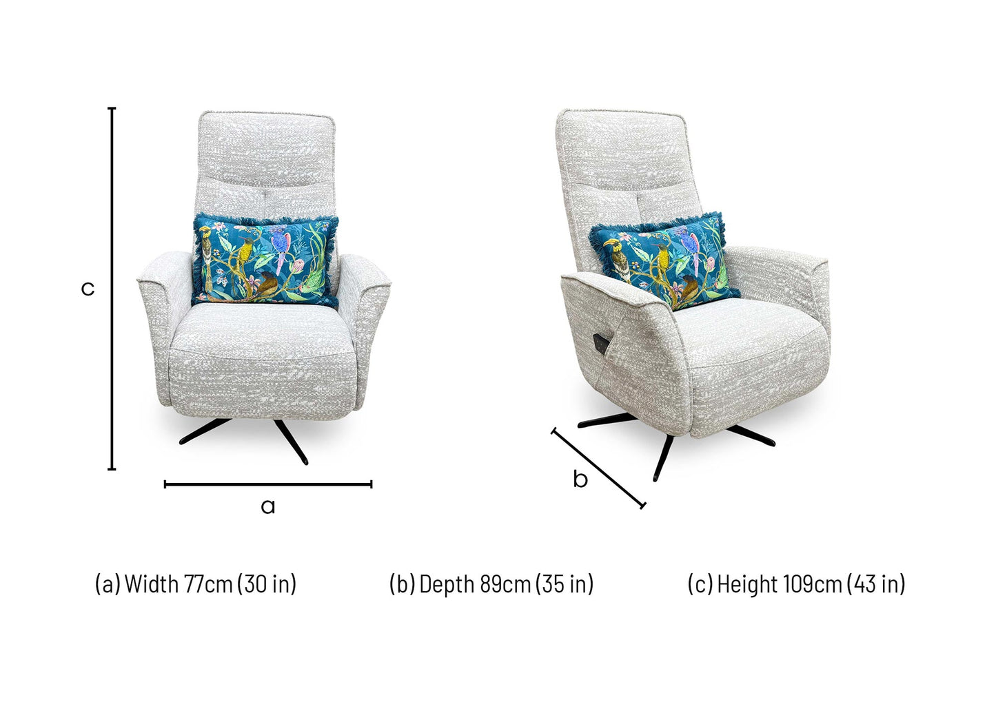 Technical dimension diagram for the G Plan ‘Maribo’ Maddox Smoke Fabric Lift and Rise Power Recliner Chair, detailing its specialized operational footprint and standard structural measurements.