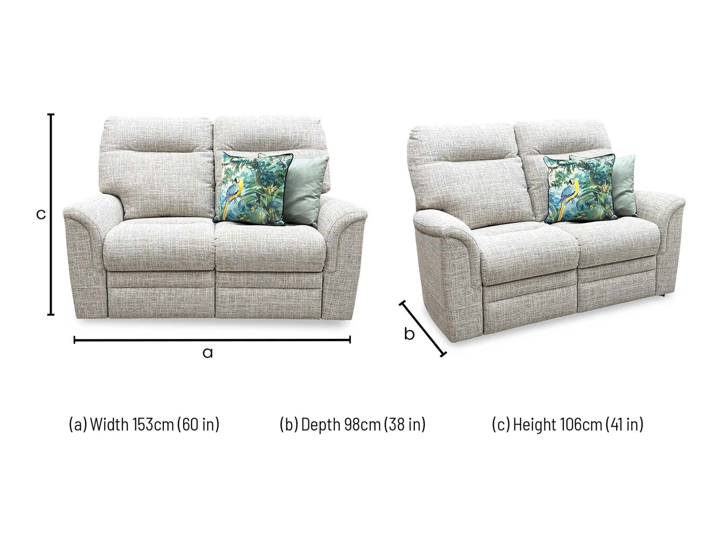 Technical dimension diagram for the Parker Knoll ‘Hudson’ Dash Oatmeal Fabric 2-Seater Sofa, outlining precise width, total height, and depth measurements.