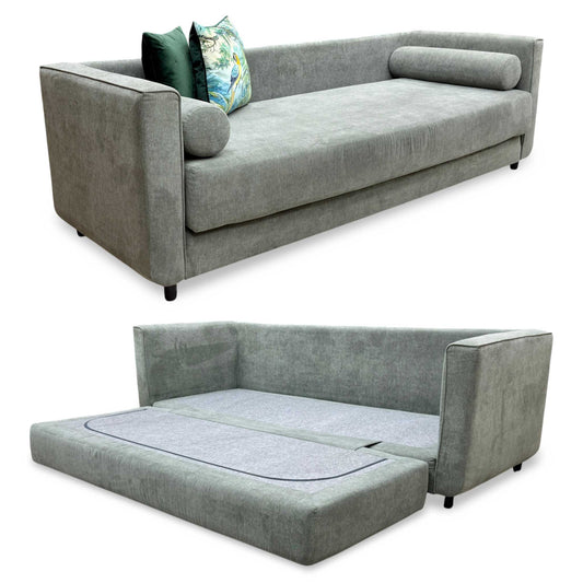 Full view of the Furniture Village ‘Esprit’ Day Bed in sleek grey fabric, displaying its clean, minimalist lines, tailored cushioning, and contemporary multi-functional design.
