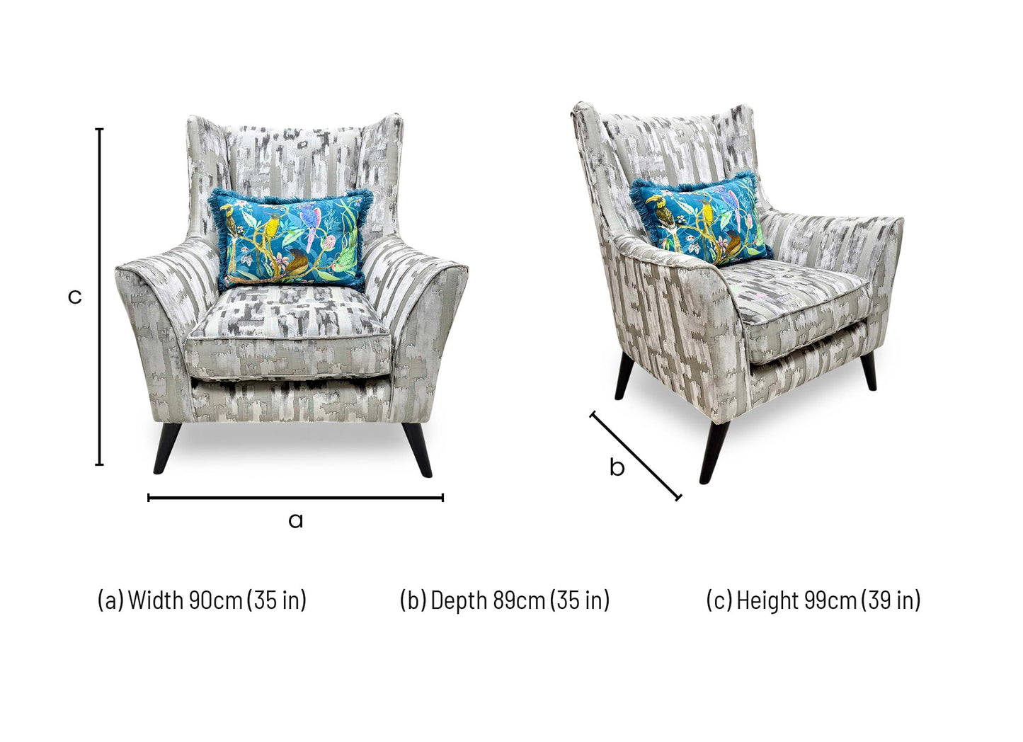 Technical dimension diagram for the Furniture Village Boutique ‘Allure’ Iron Patterned Fabric Wing Chair, outlining its standard structural measurements.