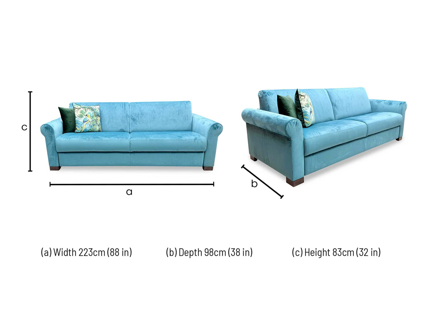 Technical dimension diagram for the Nicoletti ‘Alcova’ Teal Velvet 3-Seater Sofa, detailing its overall measurements: Width 223cm, Depth 98cm, and Height 83cm.