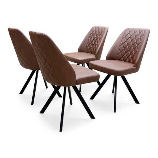 Front view of the Jupiter set of 4 swivel dining chairs upholstered in tan brown faux leather, showcasing their modern industrial style, diamond quilted stitching, and black metal tapered legs.