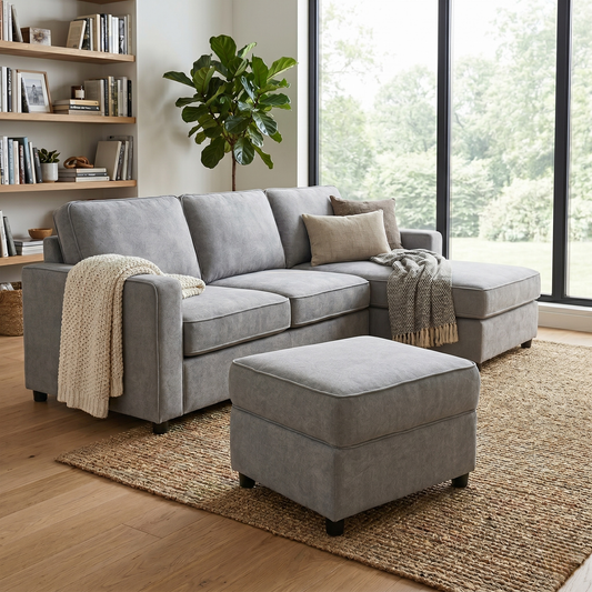 Living room view the Comfi light grey fabric footstool opened, showcasing the spacious internal storage blanket box compartment and smooth hydraulic gas lift hinges.
