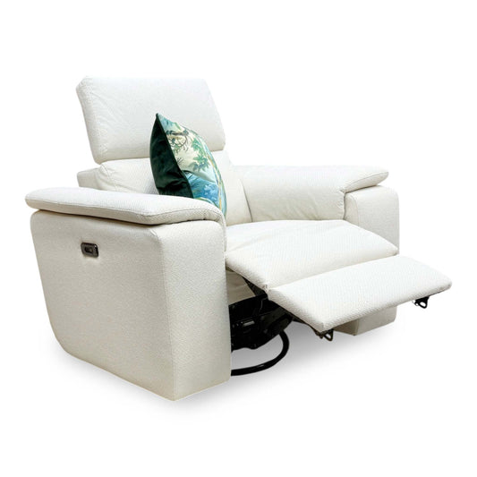 Full view of the Nicoletti 'Davide' luxury power recliner chair in Baobab Beige fabric, showcasing its premium Italian design, curved silhouette, and elegant metal base.