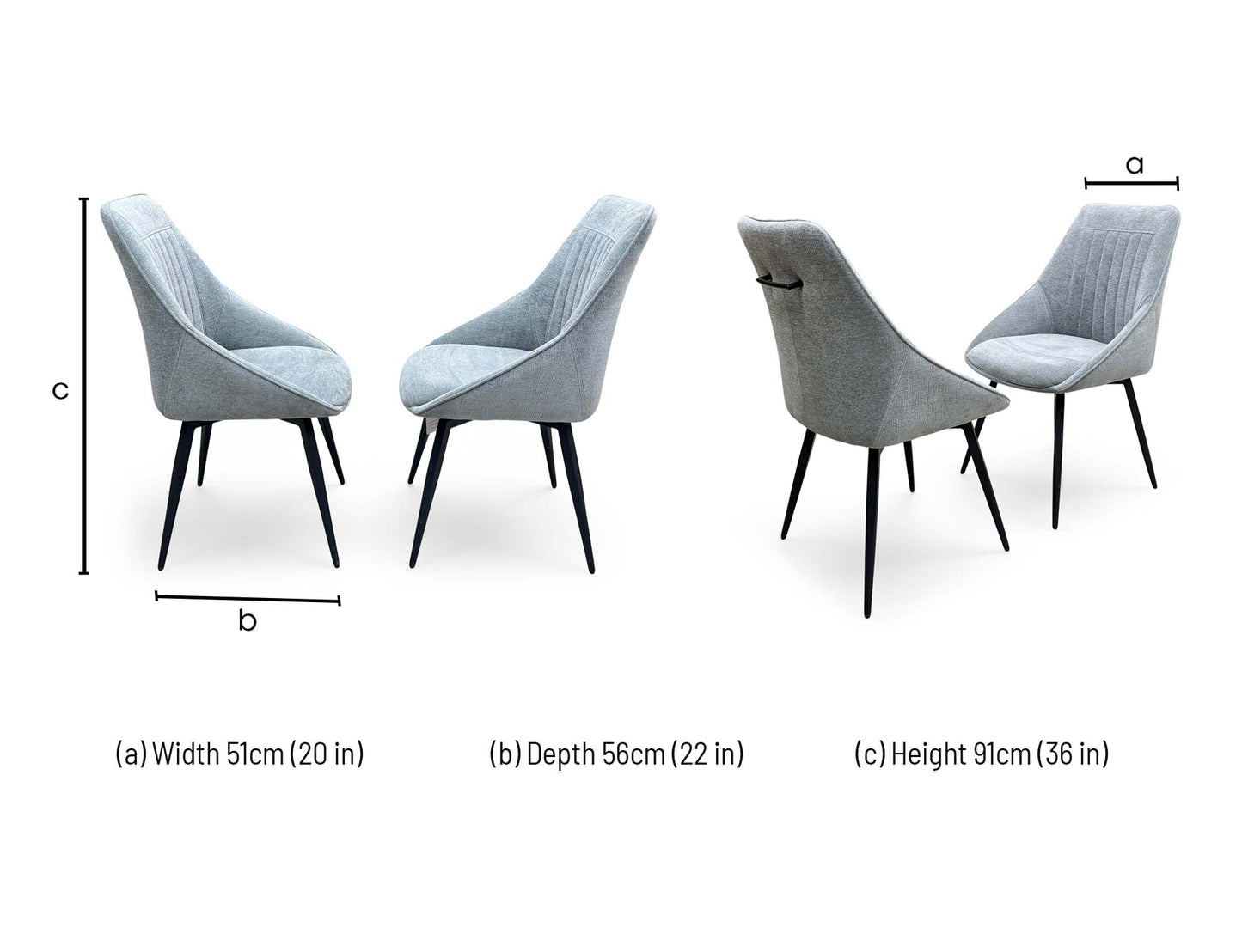 Technical dimension diagram for the Crete Silver Fabric Swivel Dining Chair, detailing total height, seat height, seat width, and base depth.