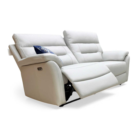 Full view of the Salerno 3-seater power recliner sofa in light grey leather, featuring a contemporary design, padded armrests, and a sleek split-back cushion profile.