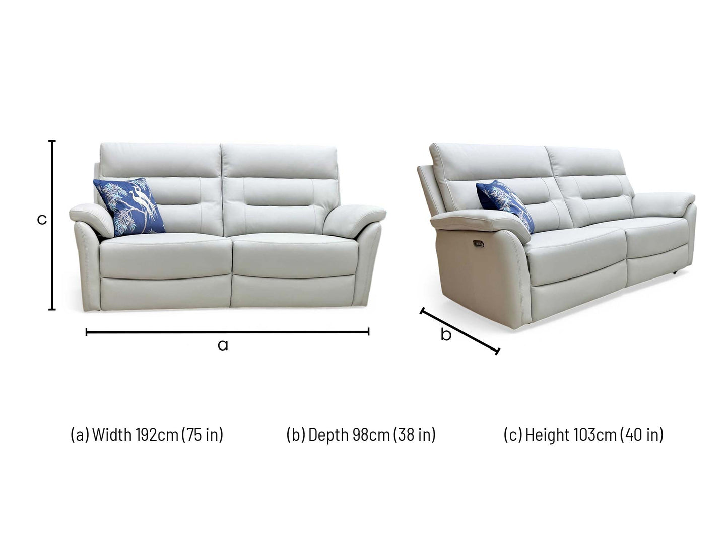 Technical dimension graphic for the Salerno 3-seater power recliner sofa, indicating the precise total width, frame depth, total height, and fully extended reclining length.