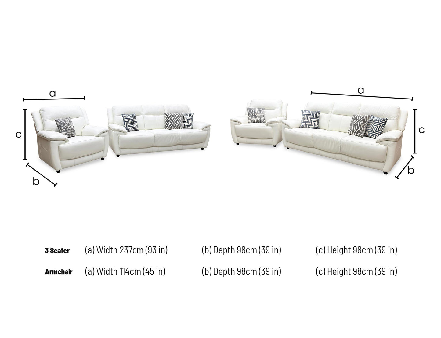 Technical dimension graphic for the World of Leather Touch suite, showing precise frame widths, heights, and depths for both the 3-seater sofa and the armchair.