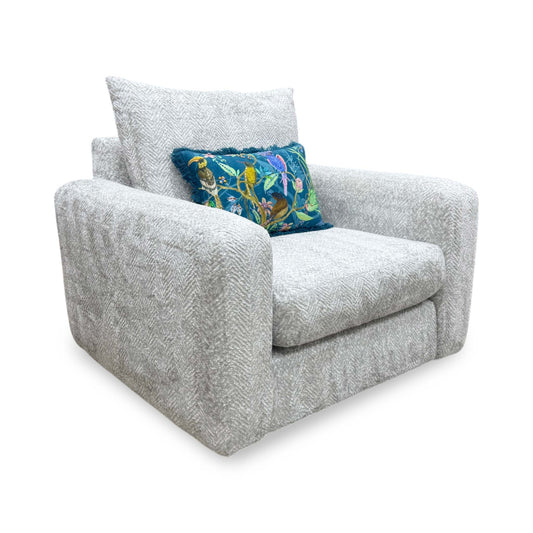 Full View ‘Pandora’ contemporary accent armchair, beautifully upholstered in a sophisticated Chevron Silver patterned fabric with clean, modern lines.