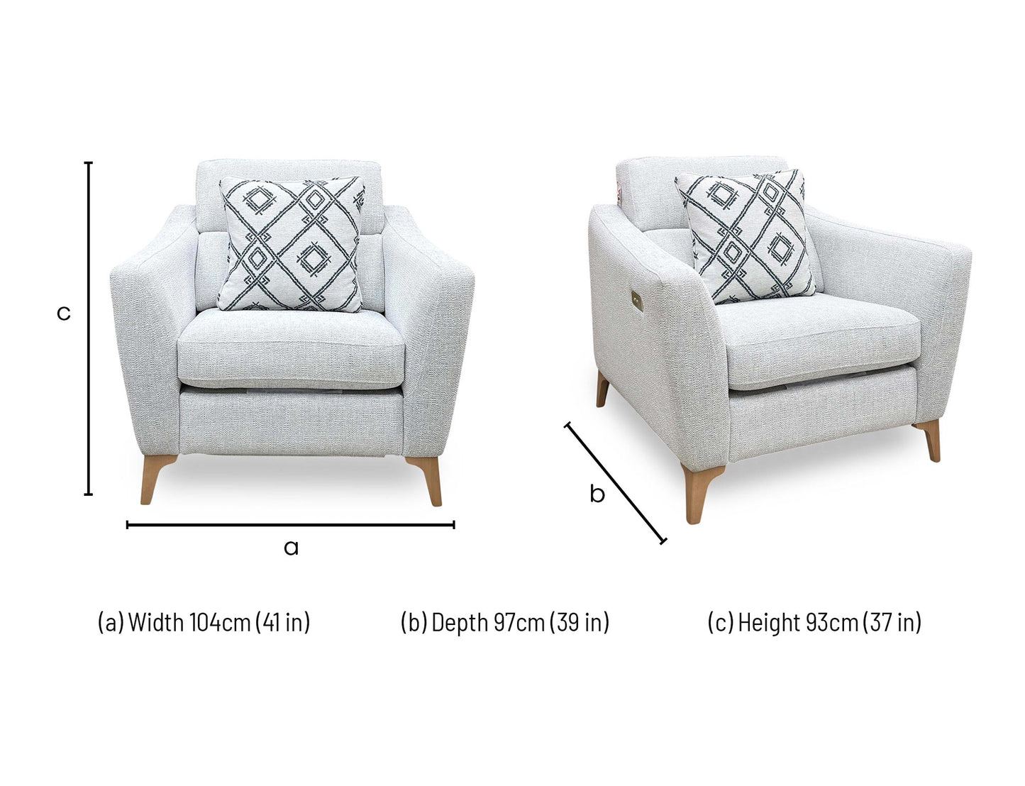 Technical dimension graphic for the Moderna power recliner chair, indicating the precise frame width, total height, seating depth, and fully extended reclining length.