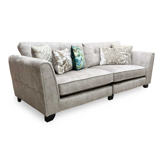 Full View ‘Mariah Ariana’ luxury living room suite, featuring a grand 4-seater classic back sofa beautifully upholstered in high-grade Dapple Cream fabric with sleek tri-chrome metallic corner feet.