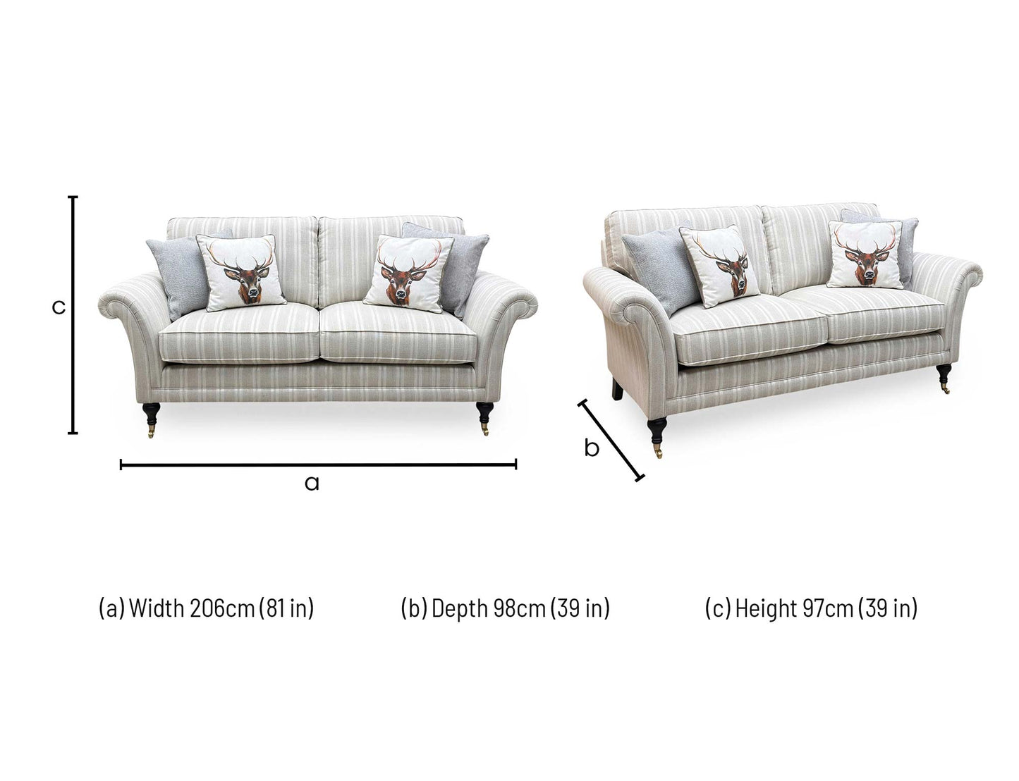 Technical dimension graphic for the Parker Knoll Burghley large 2-seater sofa, indicating precise total frame width, height, cushion depth, and floor clearance.