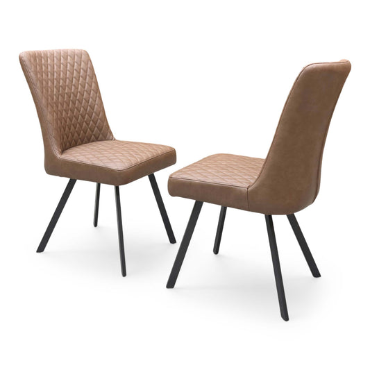 Full View Furniture Village ‘Earth’ industrial dining room chairs, displaying a matching pair of 2 upholstered in a rustic tan brown faux leather fabric.