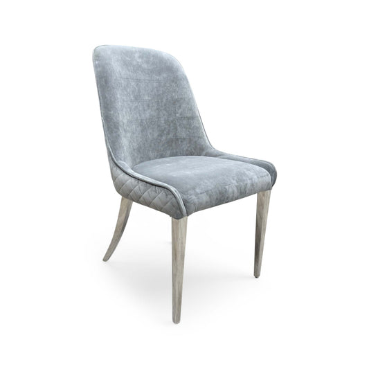 Full View ‘Dolce’ contemporary dining chair, beautifully upholstered in a sophisticated, plush Grey velvet with clean, modern lines.
