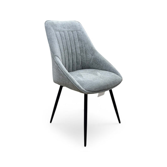 Full View ‘Crete’ contemporary swivel dining chair, beautifully upholstered in a sophisticated, textured Light Grey fabric with clean, modern lines.
