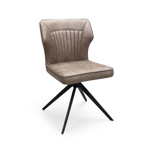 Full View Furniture Village ‘Aydin’ modern dining chair, featuring a light brown woven fabric seat capsule with a sleek 360-degree swivel function base.