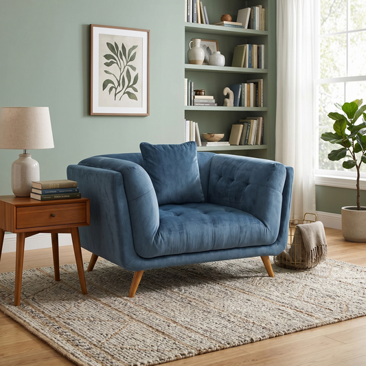 Living room angled view of the Rene airforce blue fabric love seat, highlighting the curved armrest profile, spacious lounge width, and contemporary hugging silhouette.