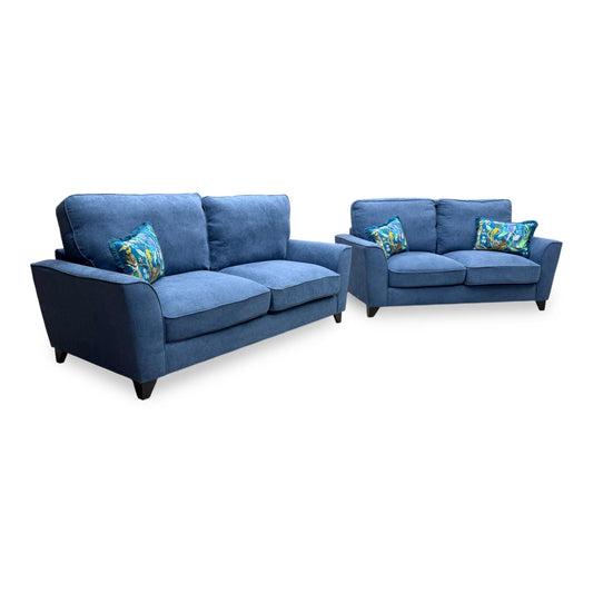 Full View Furniture Village ‘Legend’ classic back sofa set, displaying a matching 3-seater and 2-seater configuration tailored in premium Cosmo navy blue fabric.