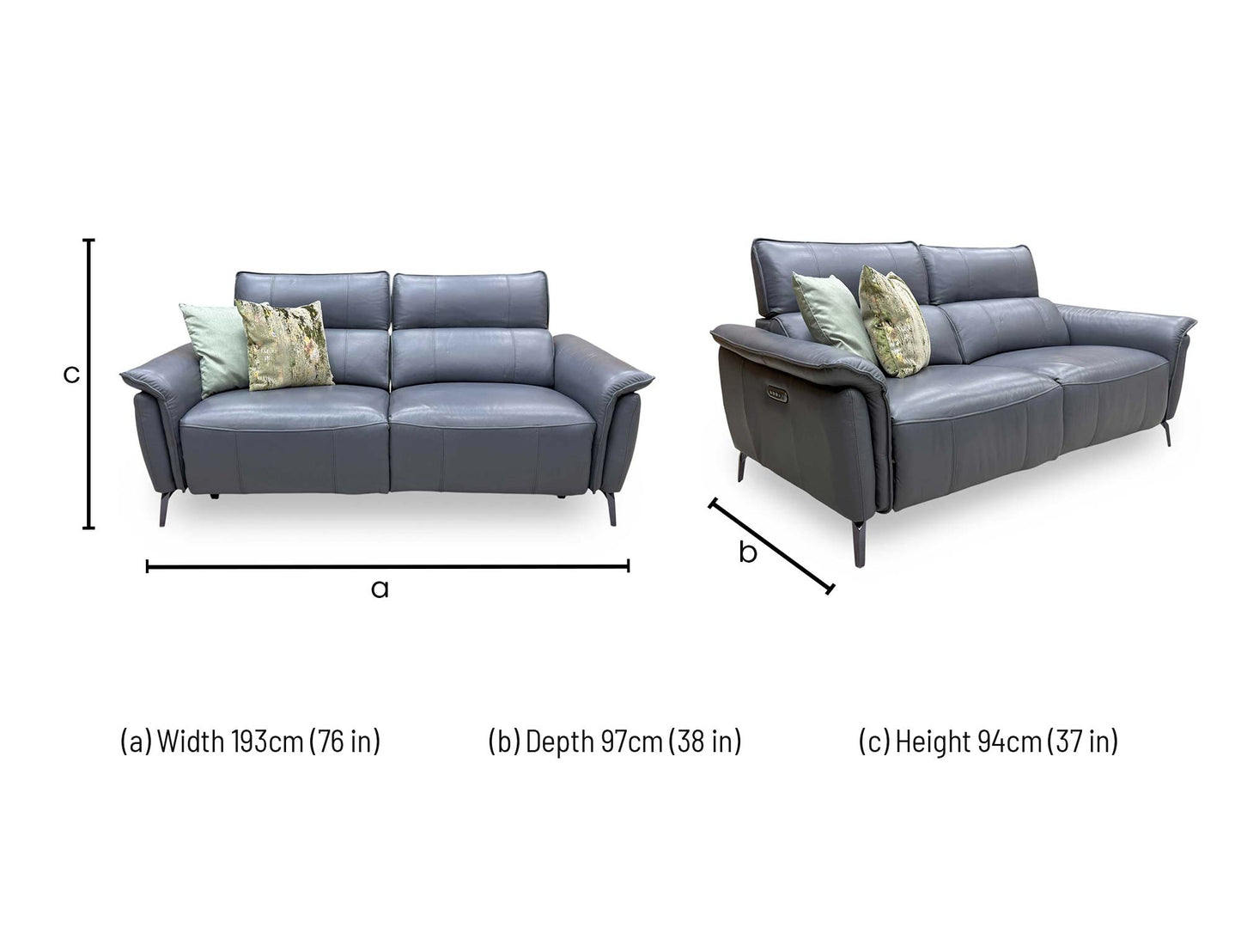 dimensions blueprint and configuration schematic for the Furniture Village ‘Jude’ Montana Lavender Grey Leather 3-Seater Power Recliner Sofa.