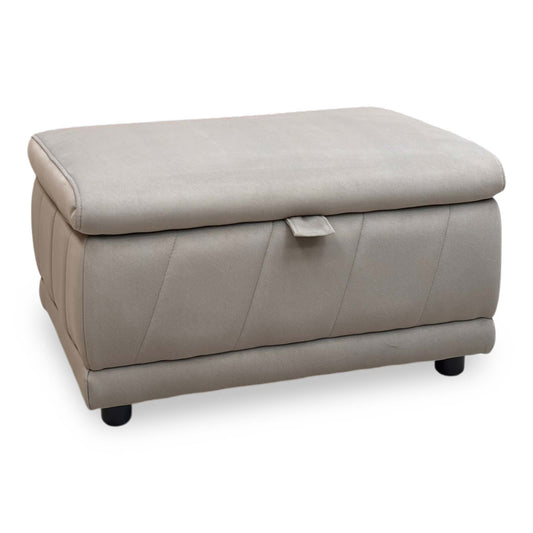 Full View Furniture Village ‘Genius’ contemporary storage footstool ottoman, beautifully tailored in premium Bella latte taupe textured fabric.