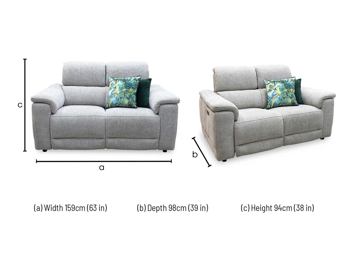 dimensions blueprint and layout schematic for the Furniture Village ‘Genius’ Anivia Khaki Fabric 2-Seater Power Recliner Sofa.