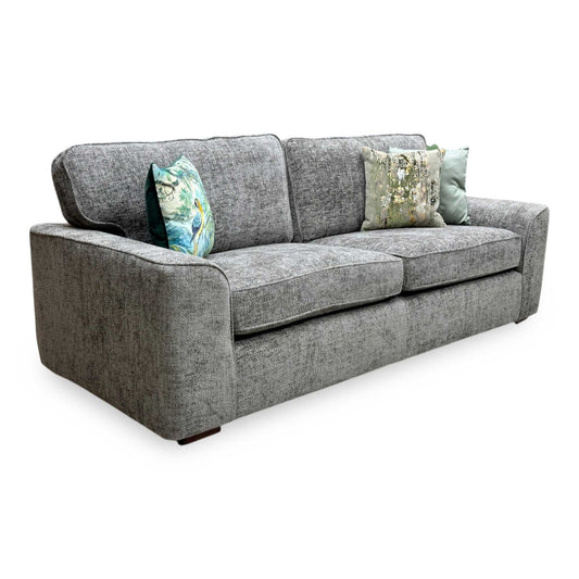 Full View Furniture Village ‘Emilia’ classic 4-seater sofa, elegantly tailored in a luxurious mink colored woven fabric.