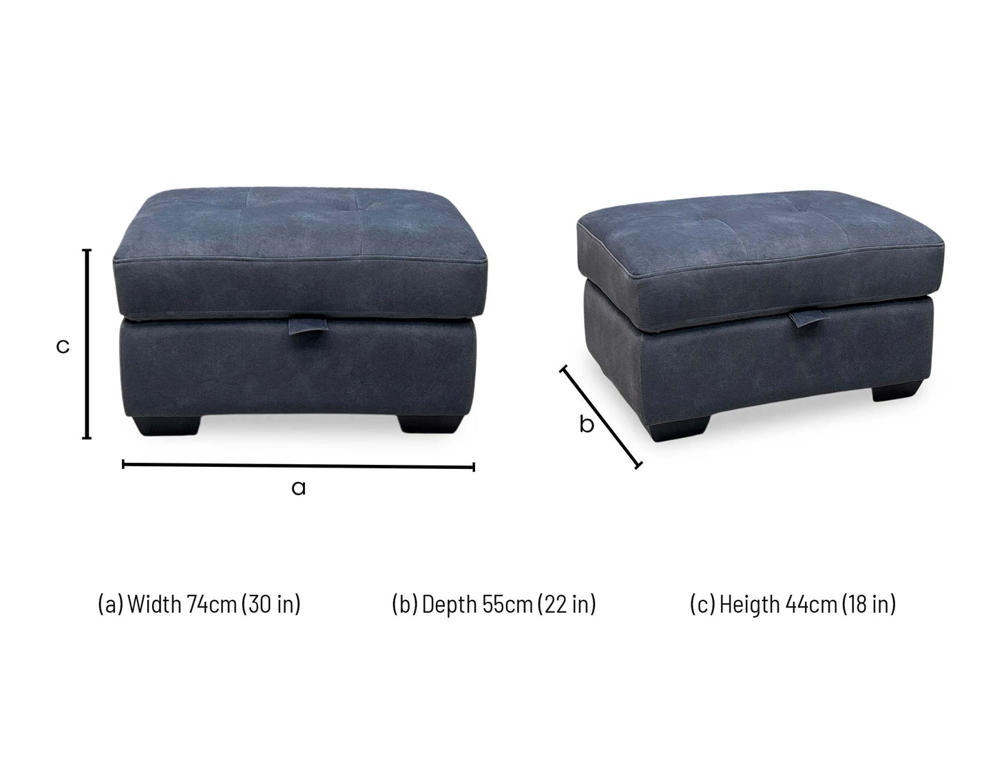 dimension diagram and layout specifications for the Furniture Village ‘Dinky Dexter’ Shadow Charcoal Grey Fabric Large Storage Footstool.