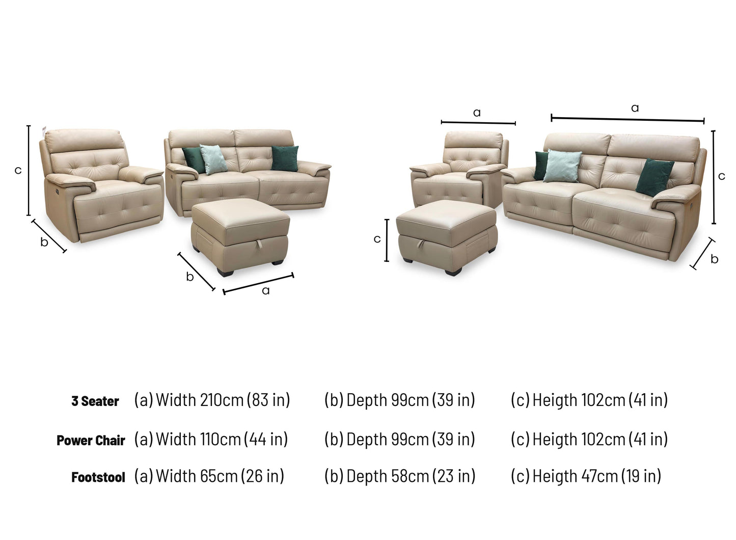 World of Leather ‘Brescia’ Nw-8475 Nude Cream Leather 3 Seater Power Recliner Sofa with Power Headrests + Power Chair + Storage Footstool