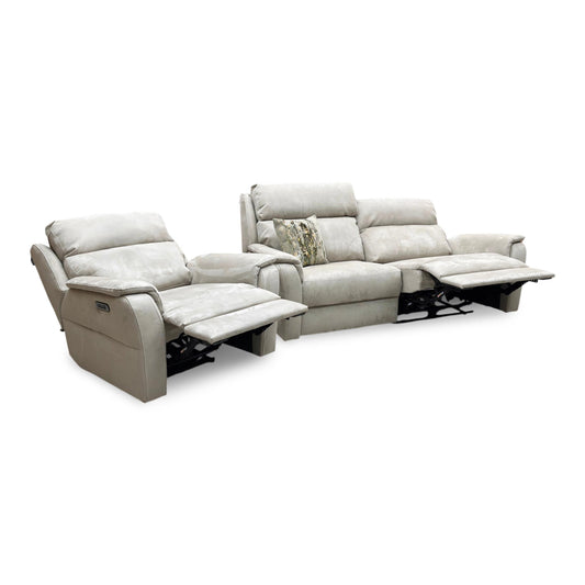Nicoletti 'Vito' Flambe Visone Taupe Fabric 3 Seater Power Recliner Sofa with Power Headrest and Power Lumbar + Power Chair