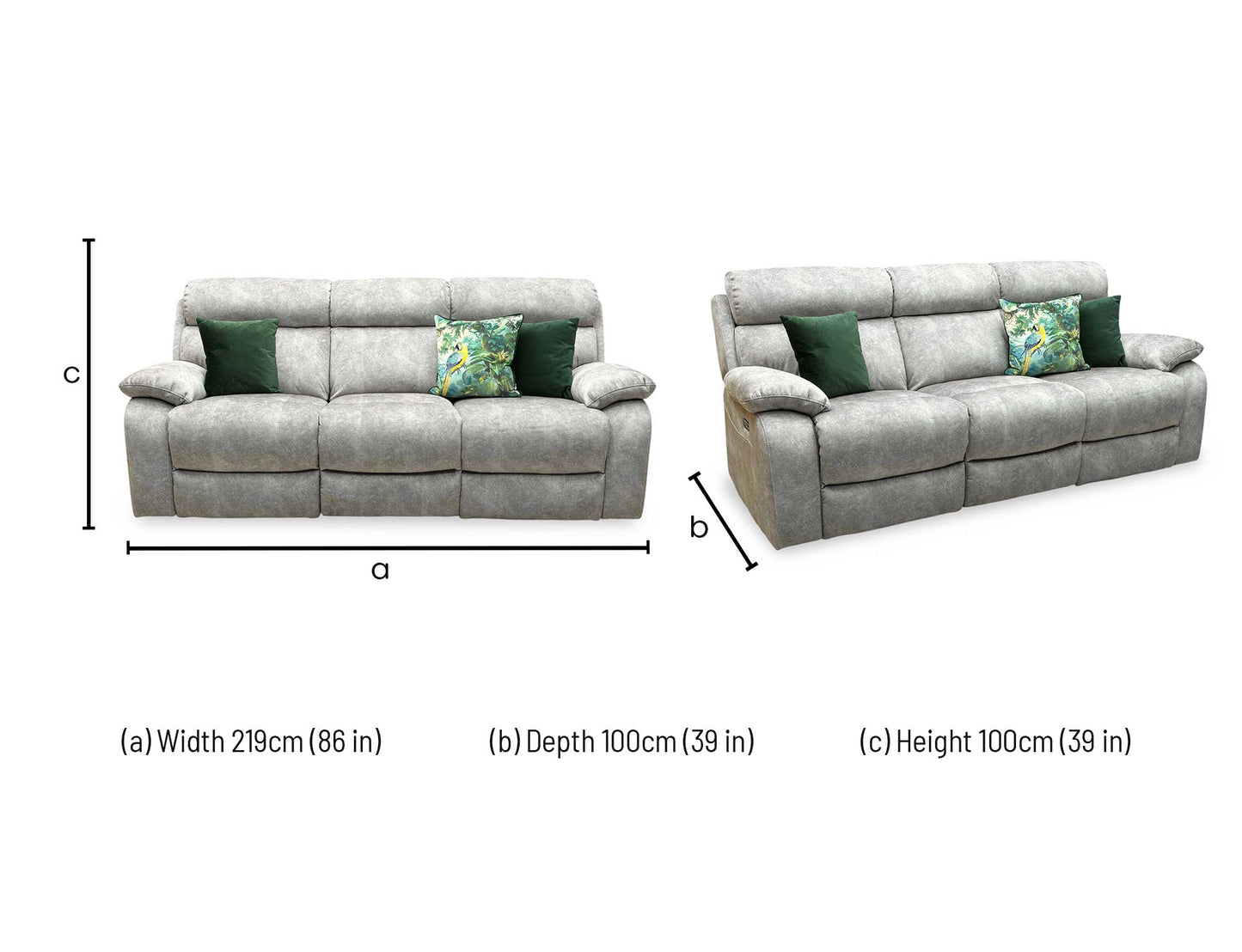 Technical dimension graphic for the Moreno 3-seater power recliner fabric sofa, indicating precise total frame width, overall height, seating depth, and fully extended length.