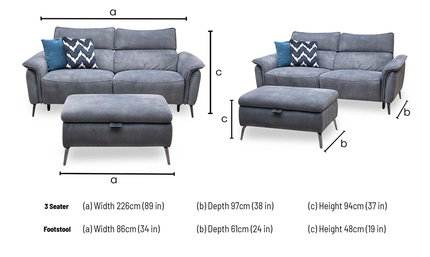 ‘Jude’ Dexter Shadow Charcoal Grey Velvet 3 Seater Power Recliner Sofa with Telescopic Headrests + Storage Footstool Furniture Village